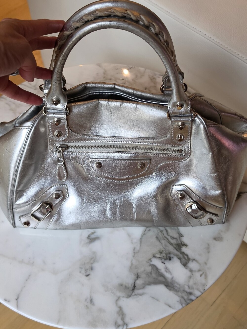 Balenciaga 2009 Metallic Silver Bowling PM Bag With Braided Handles Y2K - Picture 11 of 16